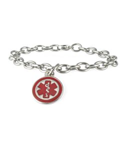 Mini Pendant Charm Bracelet with Stainless Steel Cable Chain and Claw Clasp, Round Medical Emblem Charm in highly visible red color