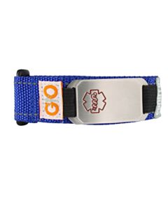 blue flexible mesh sportband medical id bracelet, sporty design durable nylon band with removable stainless steel id designed with red medical symbol outline