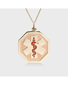elegant unisex gold medical id necklace, octagon pendant with medical emblem