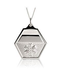 sterling silver, box chain, medical id necklace for men, women, classic design, hexagon pendant with embossed medical emblem