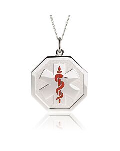sterling silver embossed necklace with hexagon pendant, subtle medical emblem design for teens and adults, comes with multiple chain options