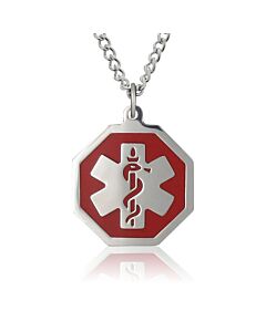 curb chain medical id necklace with hexagon medical emblem pendant in red, stainless steel design
