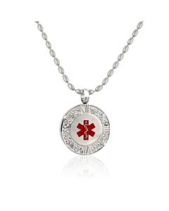 crystal pendant medical id necklace with 36 sparkling crystals, stylized roman numeral clock design on pendant, rice ball neck chain, red enamel medical emblem accent, for women