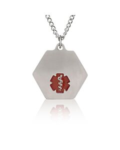 classic medical id necklace with hexagon pendant featuring red enamel medical emblem, stainless steel