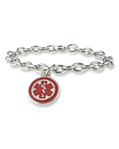 Mini Pendant Charm Bracelet with Stainless Steel Cable Chain and Claw Clasp, Round Medical Emblem Charm in highly visible red color