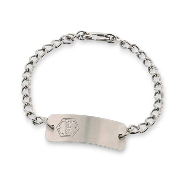 petite stainless steel medical id bracelet classic style, for kids and wearers with small sized writs, curb chain suitable for kids and toddlers