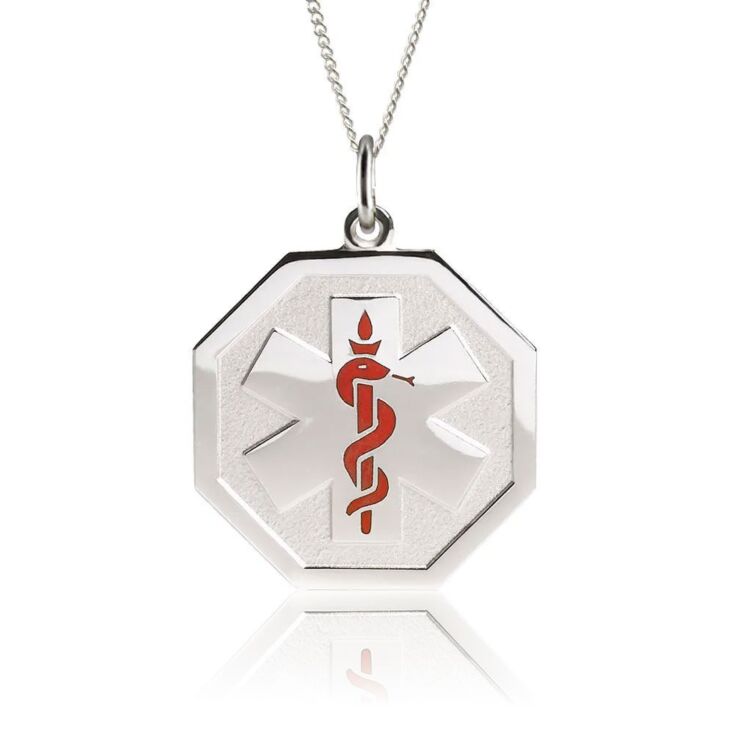 sterling silver embossed necklace with hexagon pendant, subtle medical emblem design for teens and adults, comes with multiple chain options