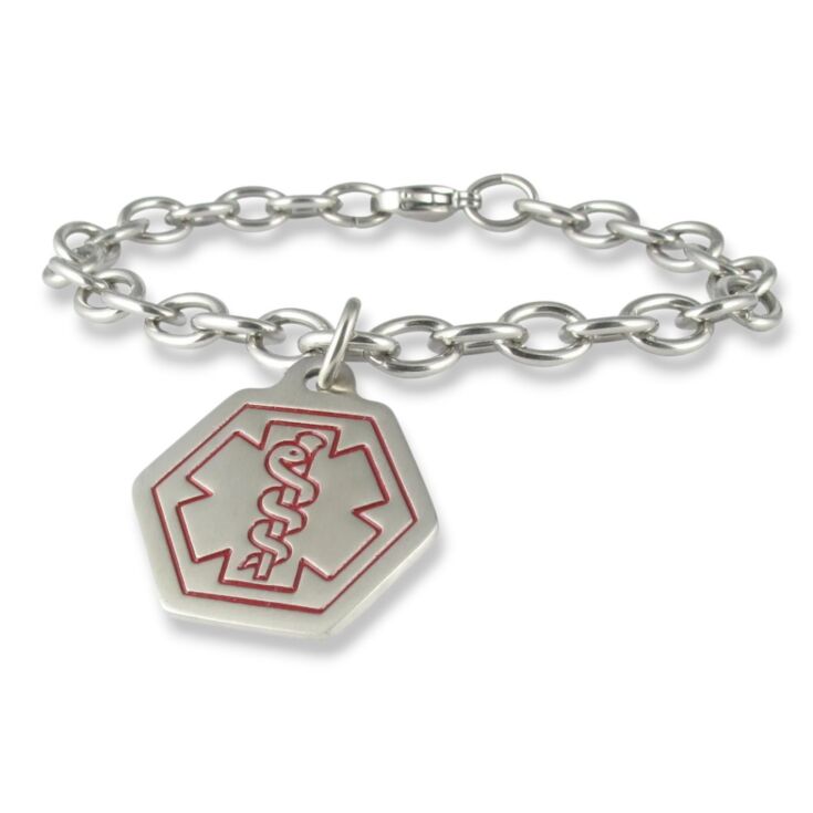 Standard Cable Chain with Small Classic Hexagon Charm, Stainless Steel Charm with Medical Emblem Design