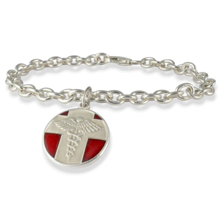 Vintage Style Medical ID Bracelet with Sterling Silver Cable Chain, Round Charm with Medical Emblem Design