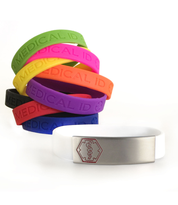 stainless steel, sleek style medical alert bracelet with red medical emblem outline, silicone band