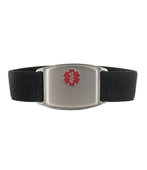 black sportband flex medical id bracelet, stainless medical id tag with red medical emblem design, elastic nylon band for comfort & durability