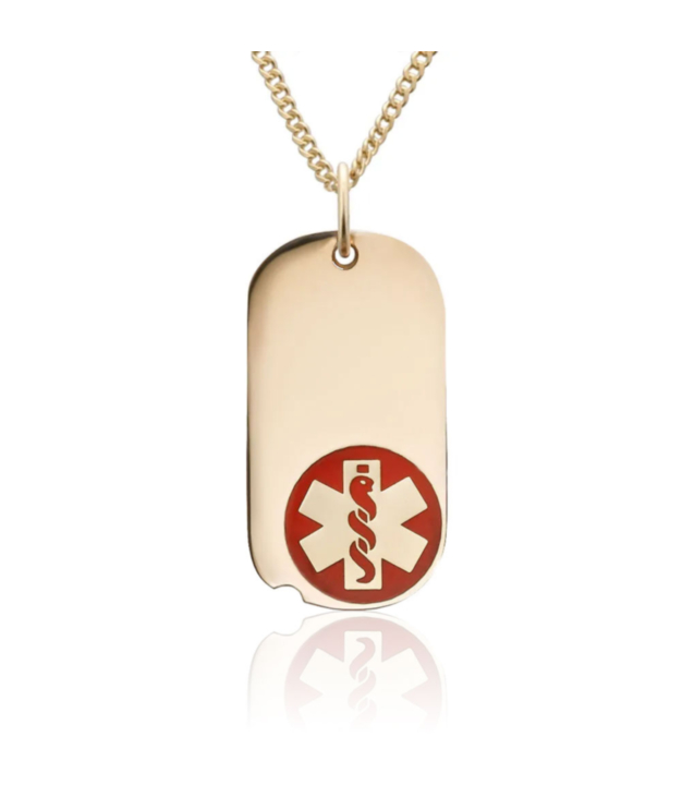 military style dog tag medical id necklace in gold-filled, miniature version in oval shape with red medical emblem