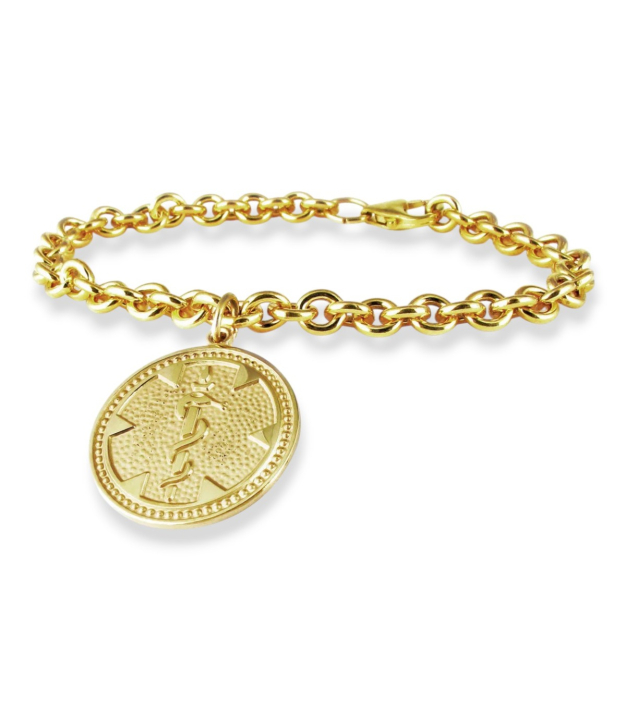 Classy Gold medallion charm medical id bracelet for women with round medical emblem
