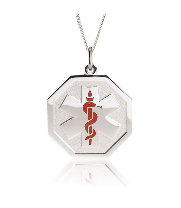 sterling silver embossed necklace with hexagon pendant, subtle medical emblem design for teens and adults, comes with multiple chain options