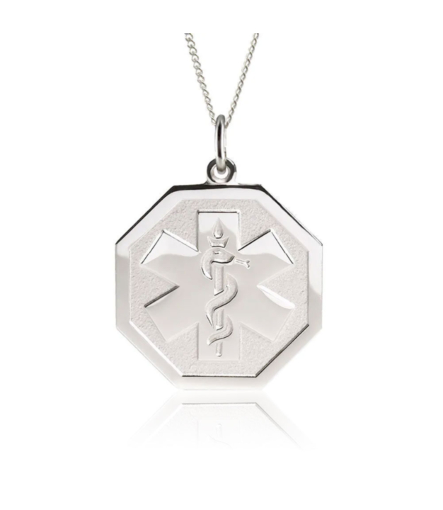 sterling silver embossed necklace with hexagon pendant, subtle medical emblem design for teens and adults, comes with multiple chain options