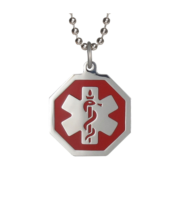 stylish medical alert necklace, stainless steel with red hexagon medical id pendant