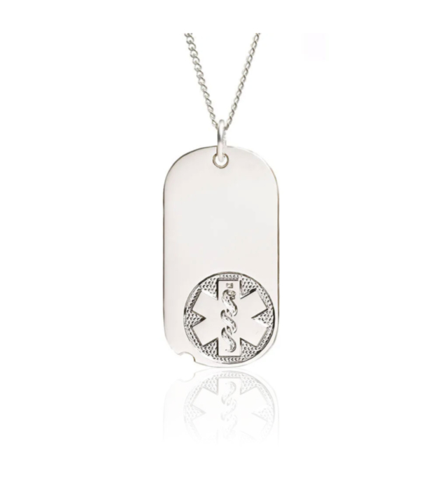 miniature military style medical id necklace, oval dog tag pendant embossed with classic medical emblem, sterling silver curb neck chain included