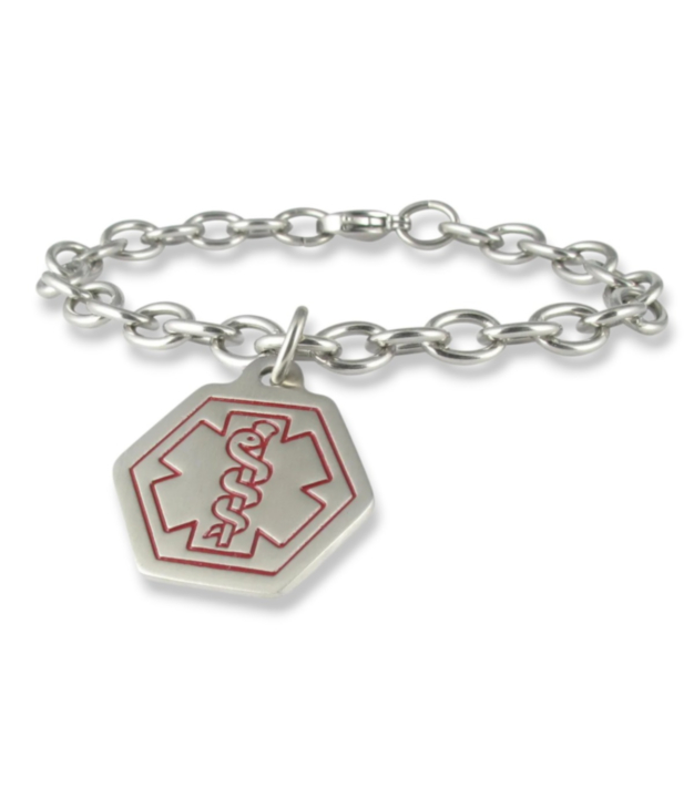 Standard Cable Chain with Small Classic Hexagon Charm, Stainless Steel Charm with Medical Emblem Design
