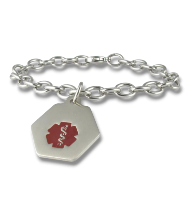 Small Hexagon Charm Bracelet with Red Medical Emblem Accent, Stainless Steel ID Tag on Durable Chain Style Bracelet