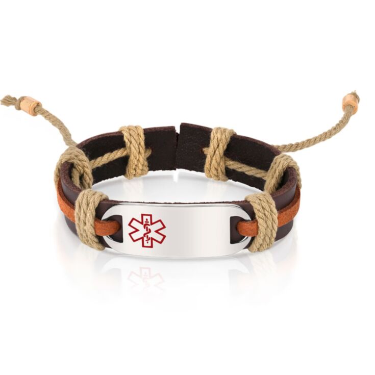 Rugged style leather medical ID bracelet in rust and earth tone. Comes with stainless steel plate for engraving medical information.