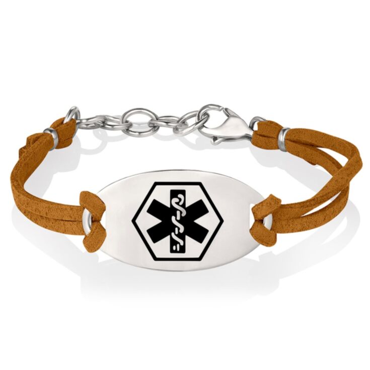 cinnamon suede medical id bracelet with sterling silver id plate, 7" and 8" sizes, for women, teens, adult