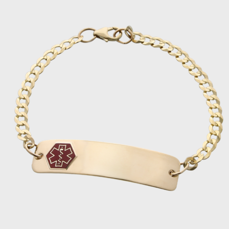 gold chain medical id bracelet with red emblem