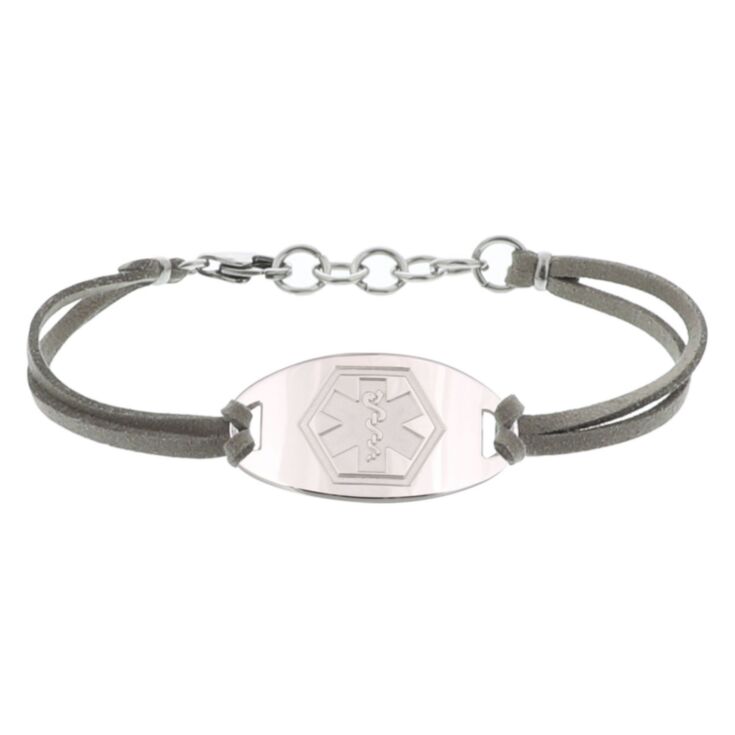gray faux suede band medical id bracelet with sterling silver or stainless steel engraved medical id plate for teens, adults