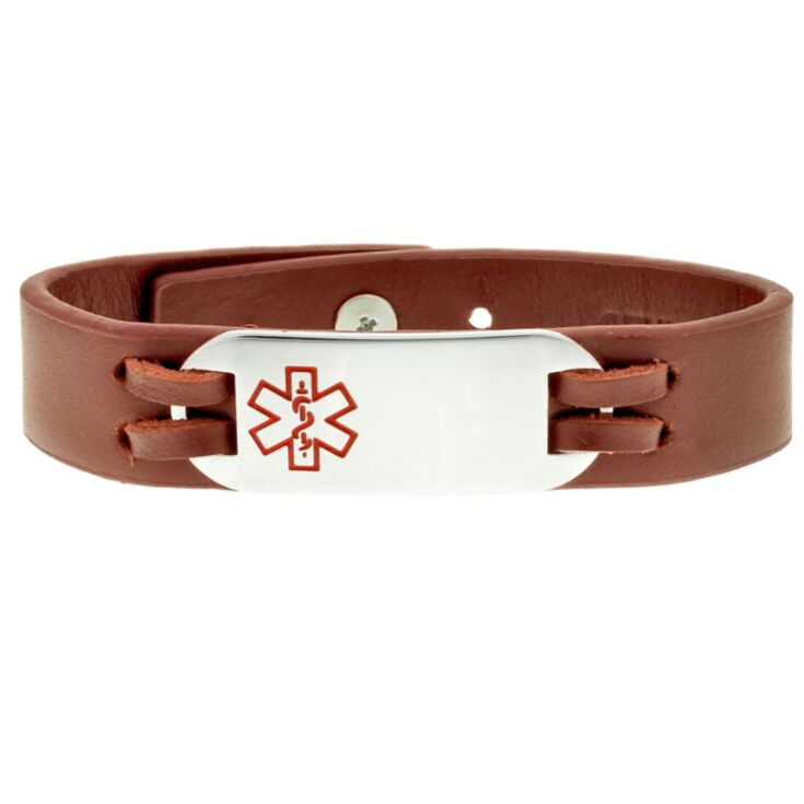 companion medical alert bracelet, leather urban-style with stainless steel id plate