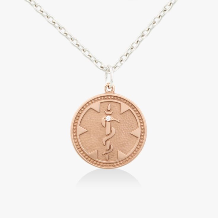 medical id necklace for teens, women, round classic 14k rose gold medallion with diamond accent on sterling silver cable chain 