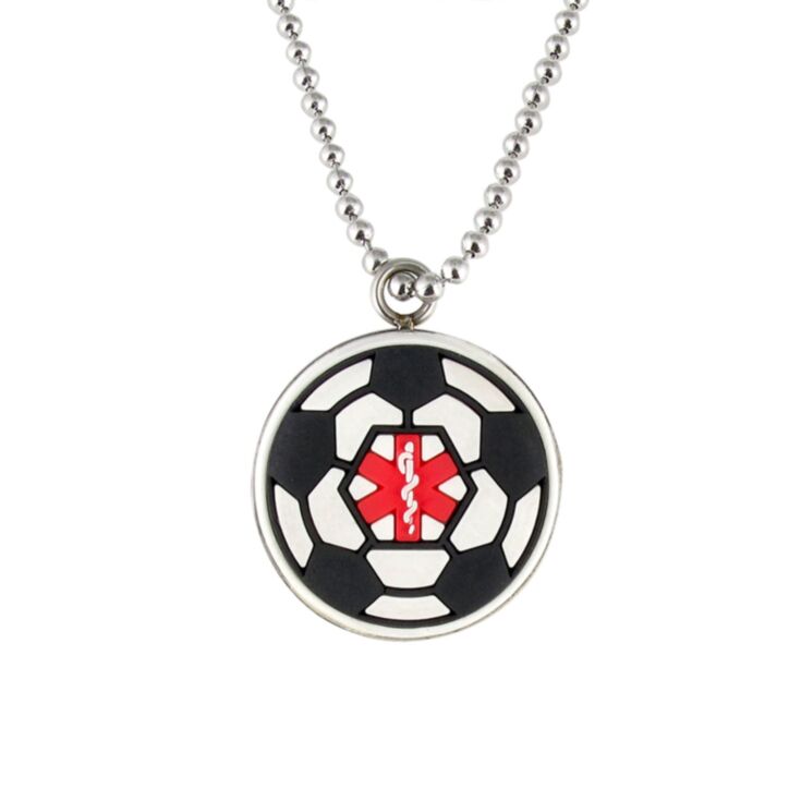 kids soccer ball medical id necklace, black and white pendant with soccer ball design and red medical emblem