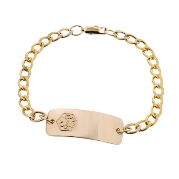 medical id bracelet for toddlers, children, gold curb chain with engraveable plate