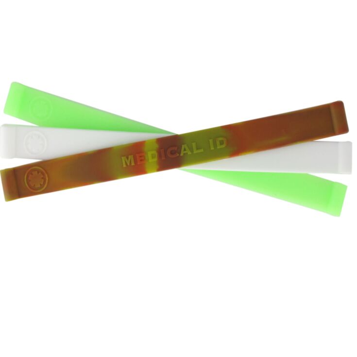 Multicolor silicone medical ID band in white, glow in the dark green, and camouflage color