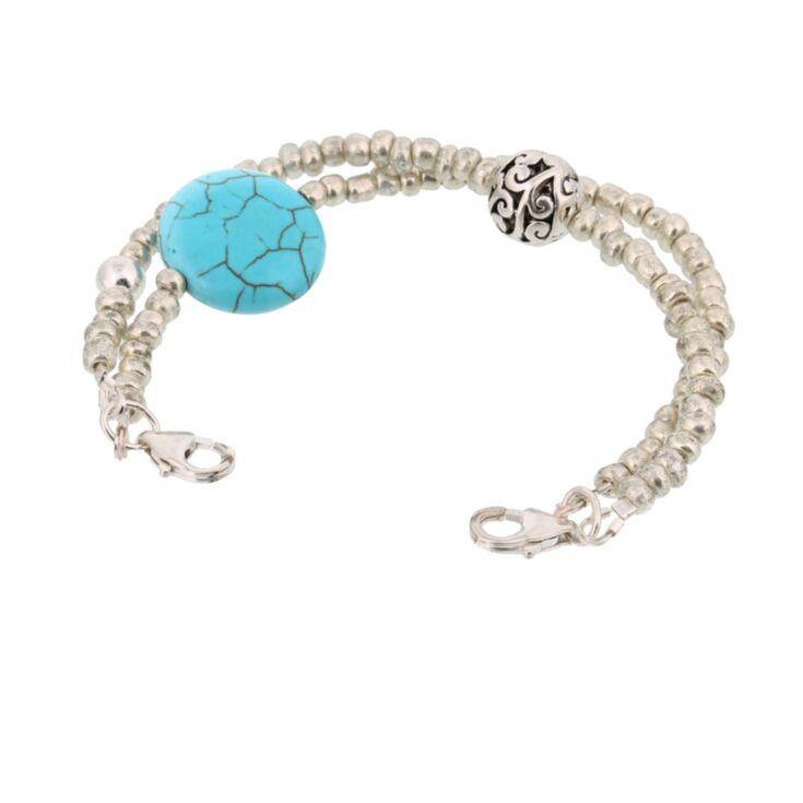 vintage style bracelet for medical ids, two strand bracelet with antique turquoise stone and antique style silver beads