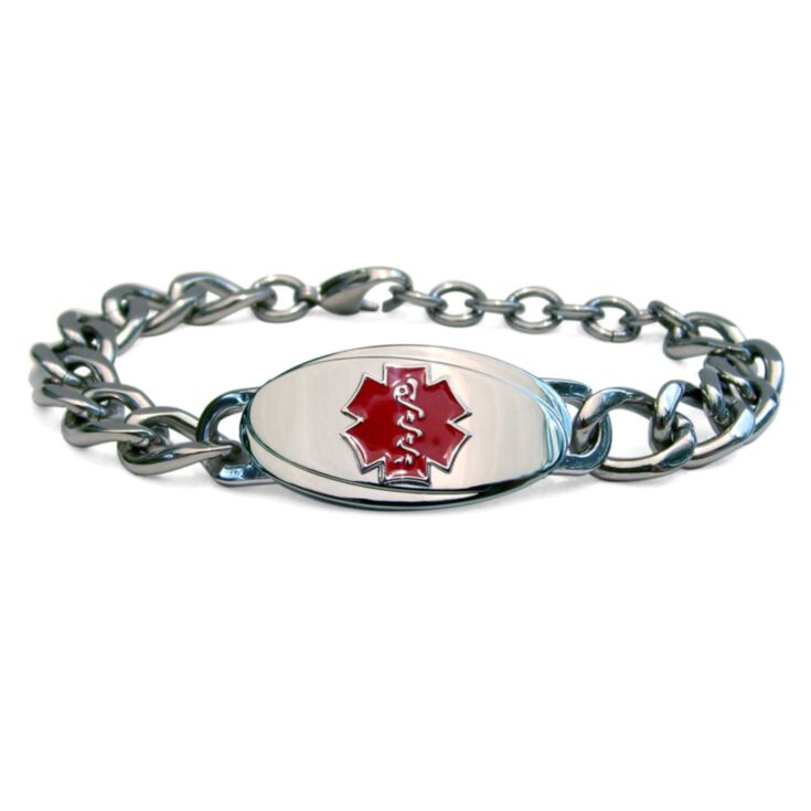 large curb titanium chain medical id bracelet for men with clasp and oval plate