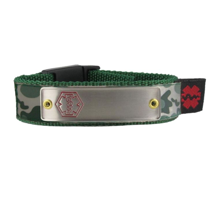sportband medical id bracelet for active children, teens, and adults, camouflage band pattern, adjustable nylon band with secure center buckle clasp