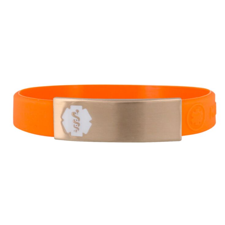 sleek orange silicone band medical id bracelet, stainless steel plate with white medical emblem, unisex