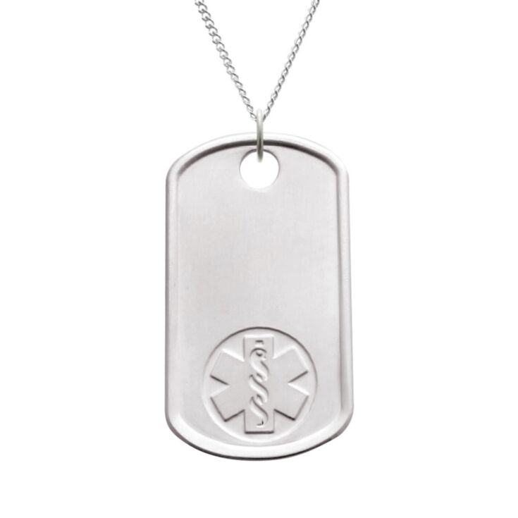 sterling silver dog tag medical id necklace with military styling, id tag embossed with medical emblem, subtle brushed metal finish, unisex design