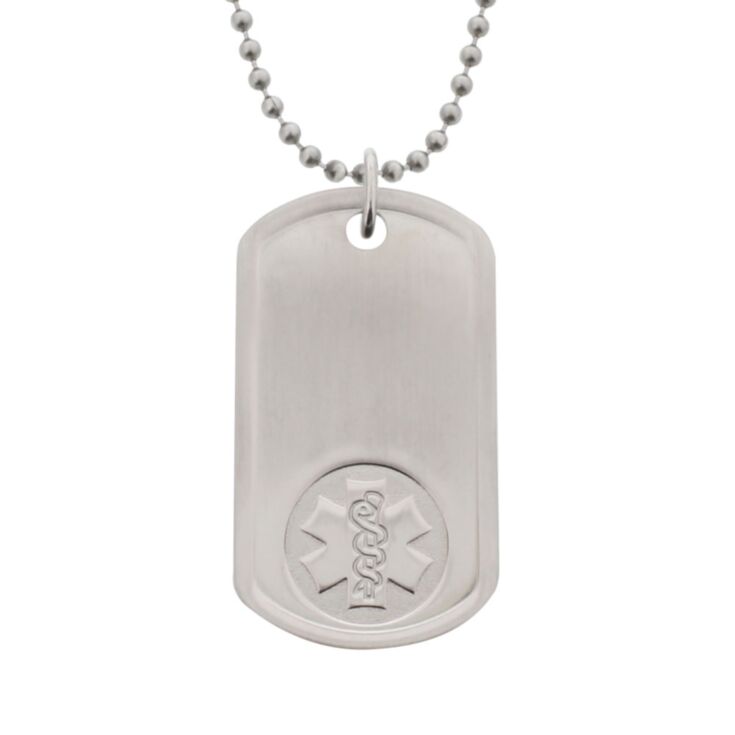 unisex embossed dog tag medical id necklace with bead neck chain, id tag with brushed metal finish, embossed medical emblem design