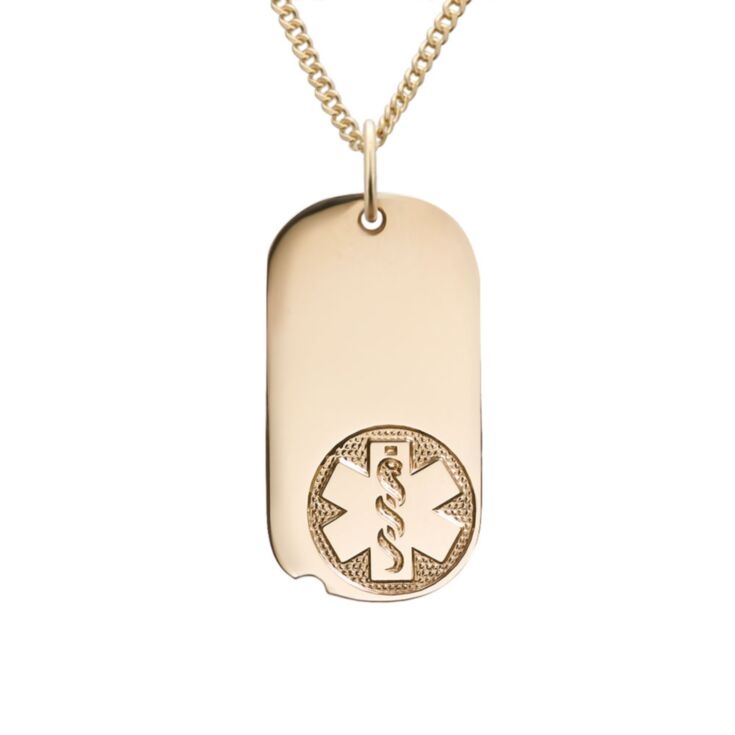 Gold miniature military style medical id necklace with softer edges, oval shape