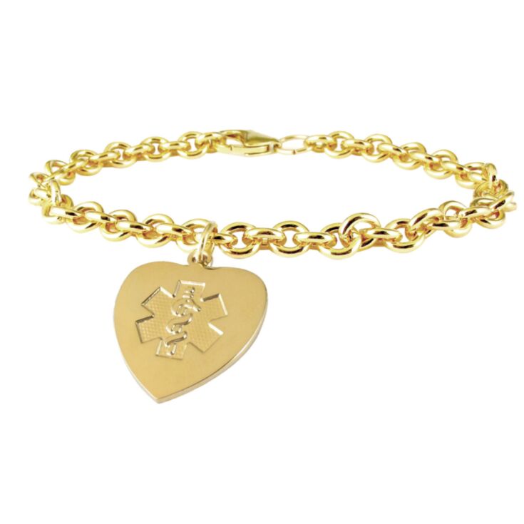 gold chain medical id bracelet with matching gold heart charm