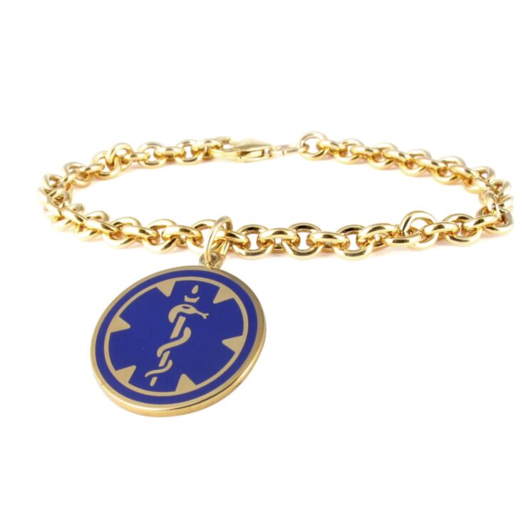 Gold medical id round charm bracelet for women with embossed or blue medical emblem