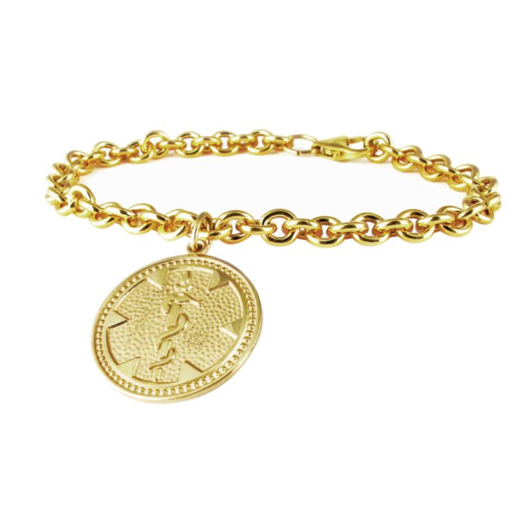 Classy Gold medallion charm medical id bracelet for women with round medical emblem
