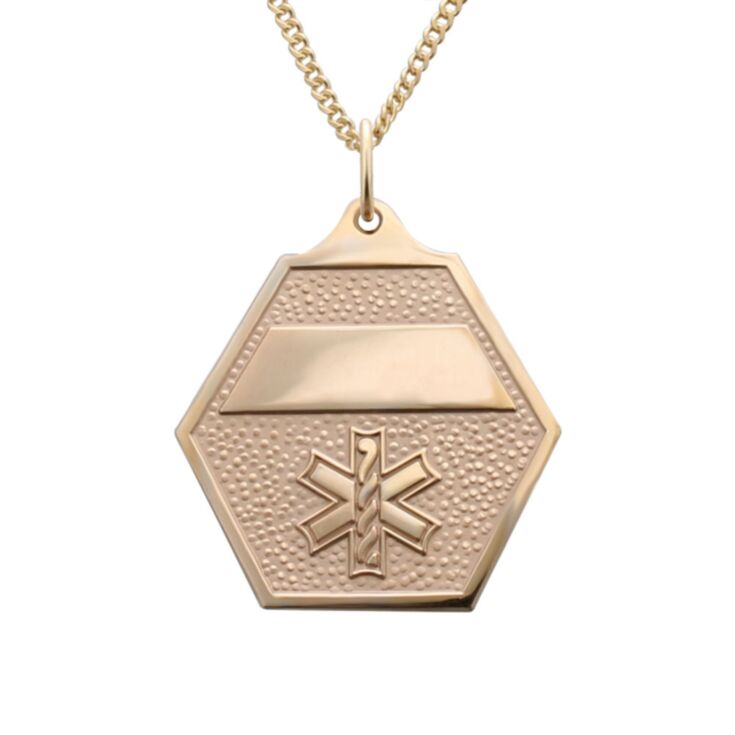 attractive gold classic medical id necklace with gold hexagon charm pendant