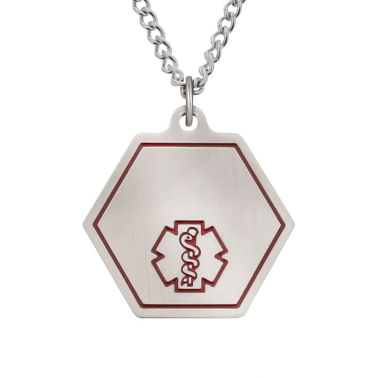 classic medical id necklace with hexagon pendant featuring red medical emblem, stainless steel curb neck chain