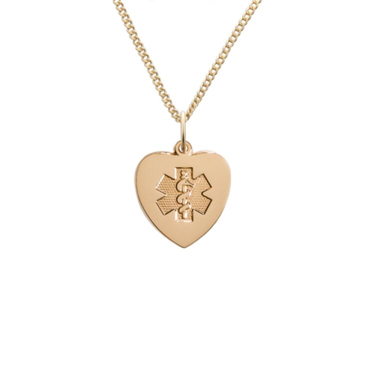 Heart-shaped gold pendant with embossed medical emblem