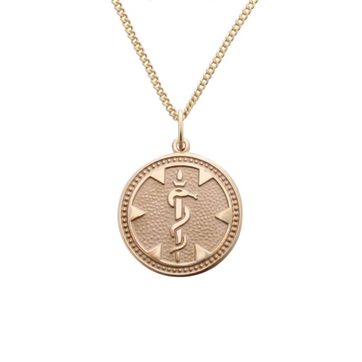 round medallion medical id gold pendant with embossed detail of medical emblem