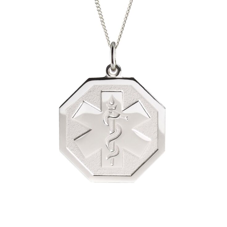 sterling silver embossed necklace with hexagon pendant, subtle medical emblem design for teens and adults, comes with multiple chain options