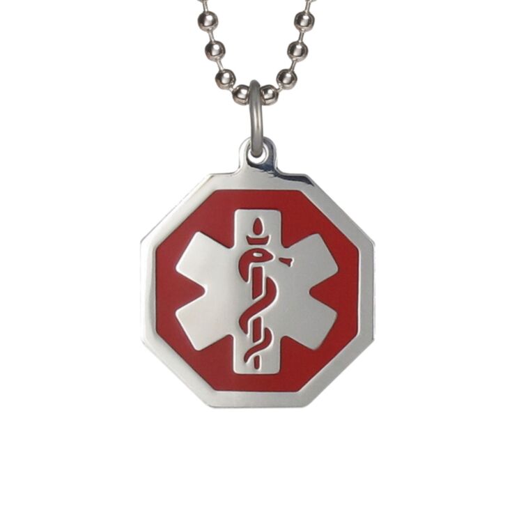 stylish medical alert necklace, stainless steel with red hexagon medical id pendant