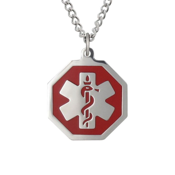 curb chain medical id necklace with hexagon medical emblem pendant in red, stainless steel design