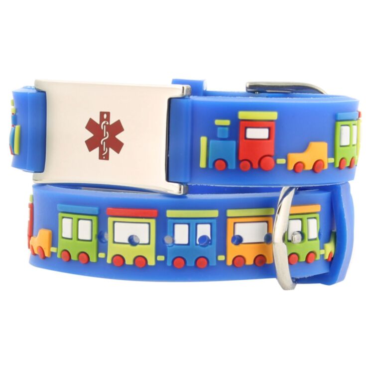 choo choo train kids medical id bracelet with fun and colorful train design on blue silicone band